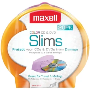 Maxell 190073 Slim CD/DVD Shell Cases, 20 pk (Assorted Colors)